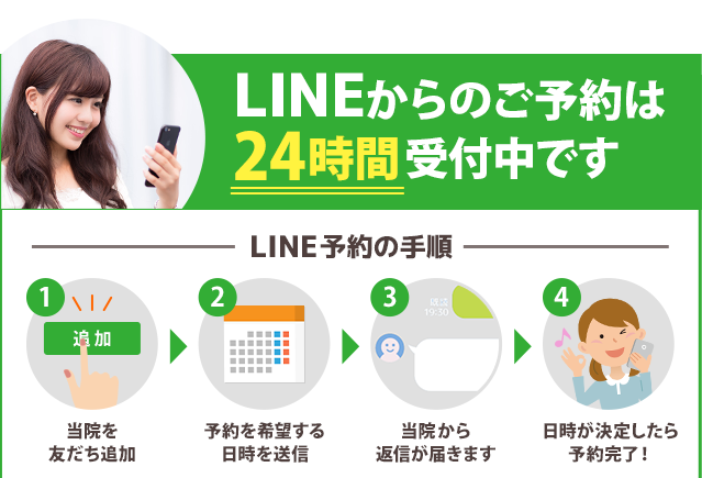 LINEからのご予約は 24時間受付中です。まずはここを押して当院を友だち追加してください